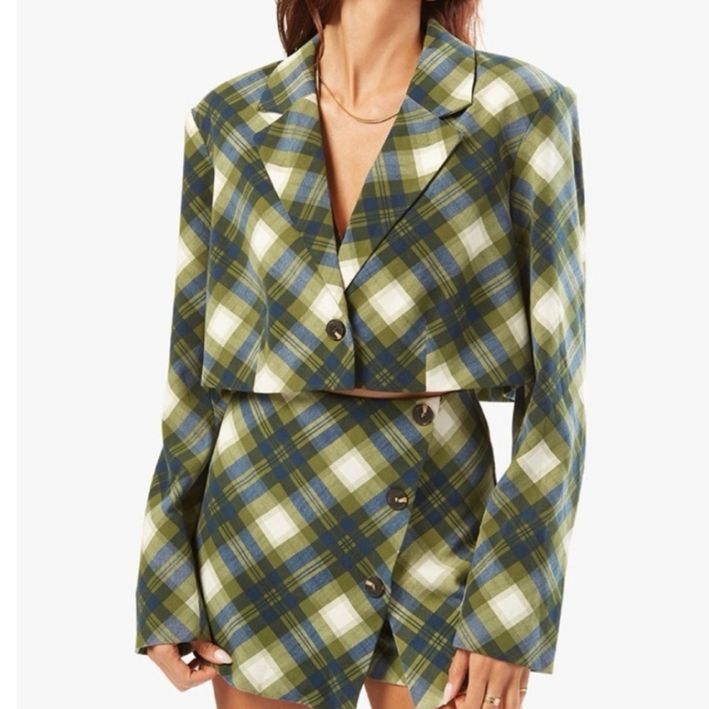 XL WeWoreWhat Boxy Cropped Blazer‎ Plaid Green Academia Preppy